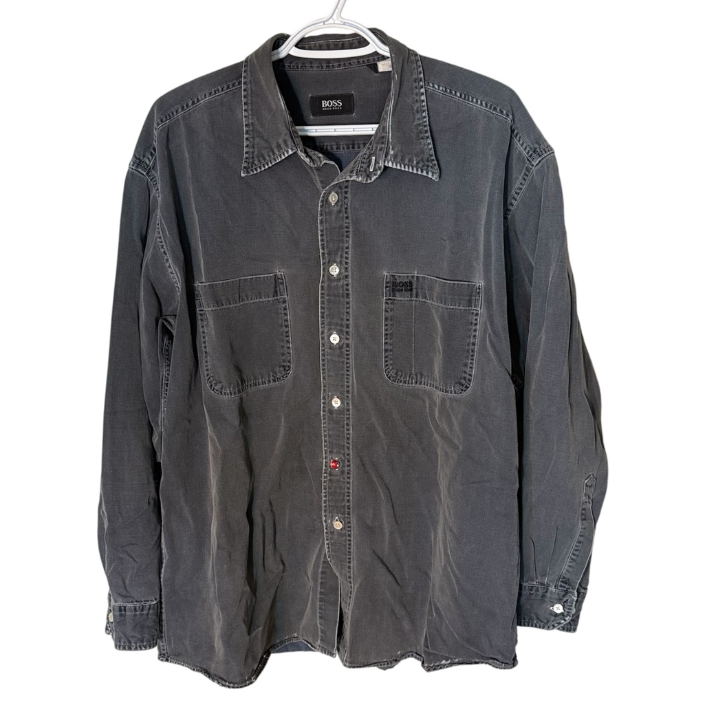 Hugo Boss Men’s Charcoal Grey Distressed Faded Button Down Long Sleeve Shirt Xl